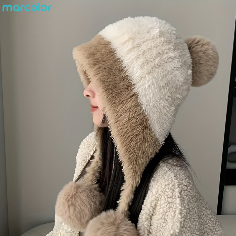TEMU 2006 New (marcolor) Winter Women's Pom Pom Hat - Fashion Ear Flap Design, Fuzzy Lining For Warm Hat, Christmas, Halloween, Thanksgiving, Holiday
