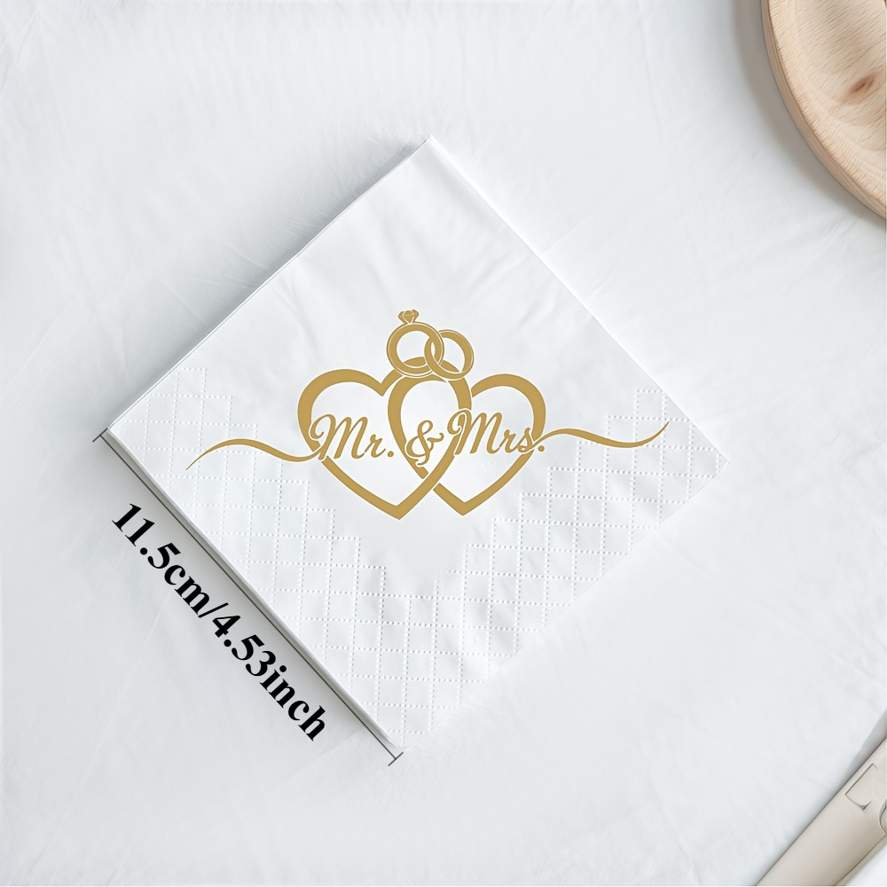 TEMU 100pcs/set "mr. And Mrs." Ring Heart Pattern Disposable Napkins, Party Napkin Decoration, Folded Size 11.5cm/4.53in, Holiday Gift, Girlfriend