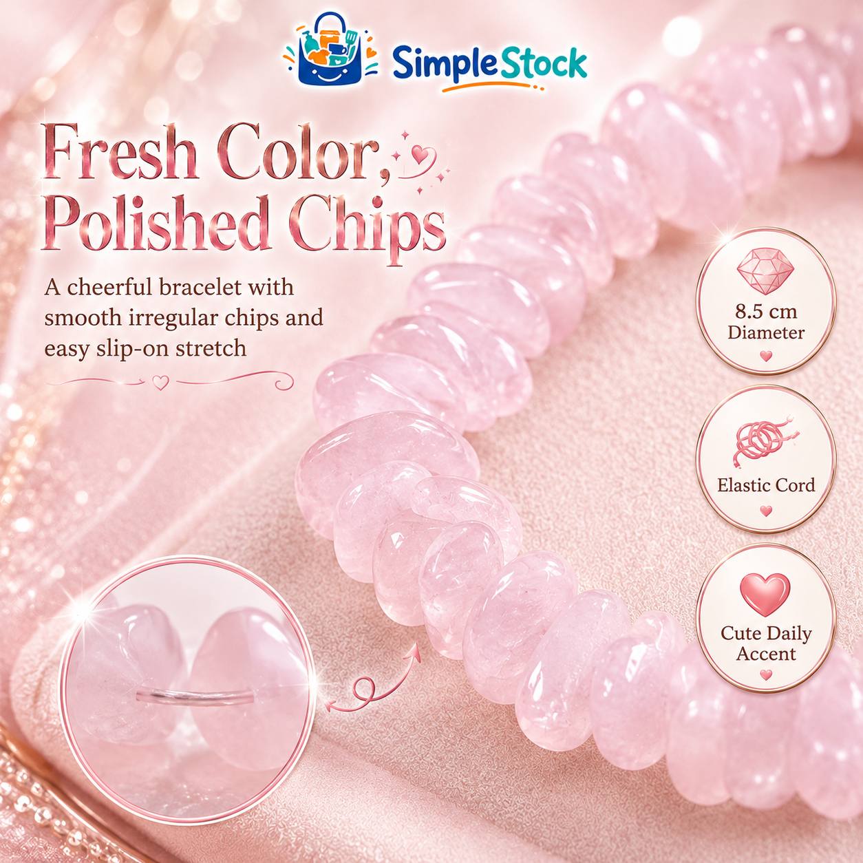 Natural Stone Blush Glow Chip Bracelet, Pink
