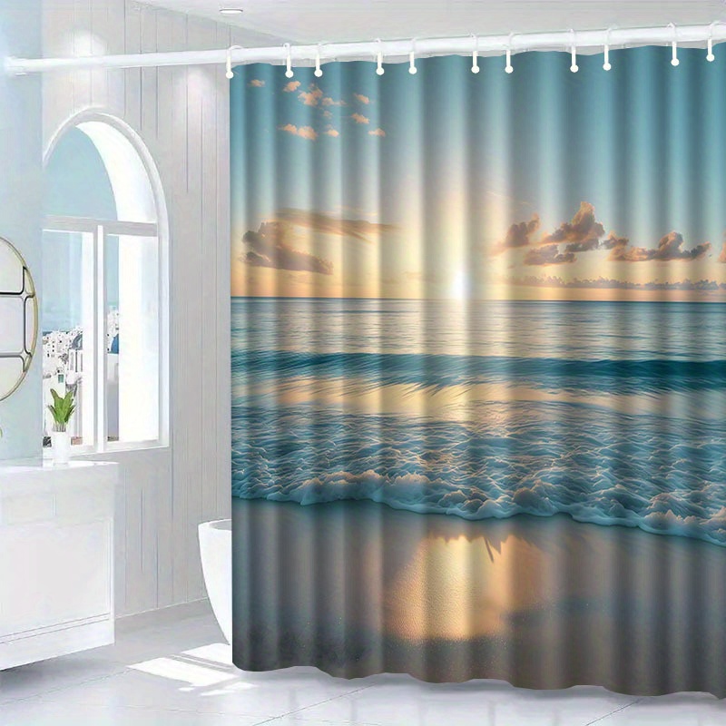 Summer Beach Pattern Shower Curtain with Hook, Water-Washing