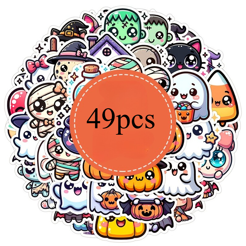 TEMU 49pcs Halloween Stickers, Cute Cartoon Cat Pumpkin Halloween-themed Stickers, Fun Holiday Decoration Sticker Pack, High-quality Vinyl, Suitable