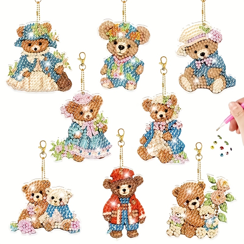 TEMU 8pcs Cute Bear-themed Diamond Painting Keychain Set, Handmade Art Diamond Tool Kit, Home Diamond Painting Decor Additions