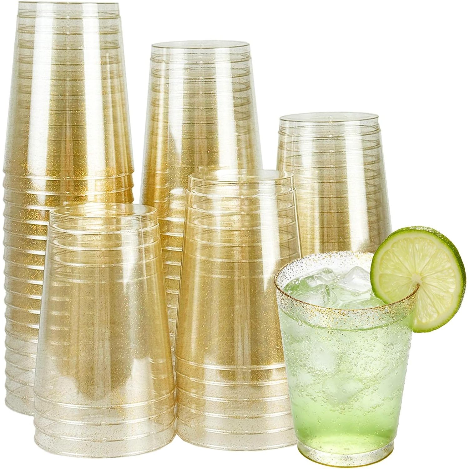 TEMU 50pcs Hard Plastic Cups With Golden Glitter 280ml / 10oz Party Cups Glasses Plastic Tumblers For Cocktail Champagne Wine Wedding Birthdays Party