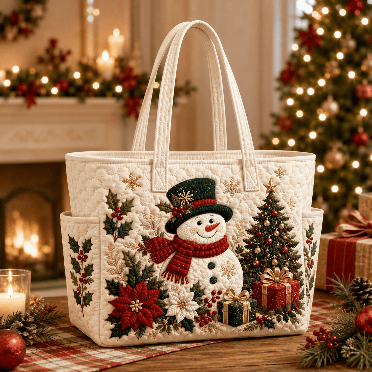 TEMU 1pc Women's Side Pocket Quilted Tote Bag, Handbag, Shoulder Bag, With Christmas Snowman, Christmas Tree, Holly, Floral, And Gift Box Prints.