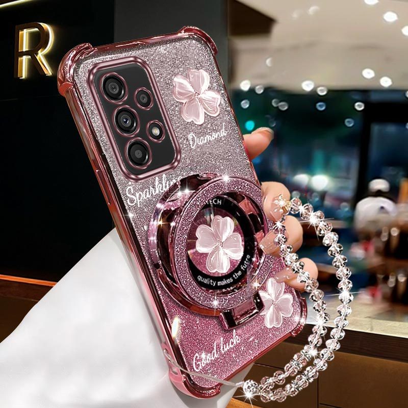 TEMU Phone Case: Luxury Clover Wrist Strap Magnetic Glitter Phone Holder Case On For Galaxy A53 Galaxya53 5g Anti-knock Shock Proof Stand Back Cover
