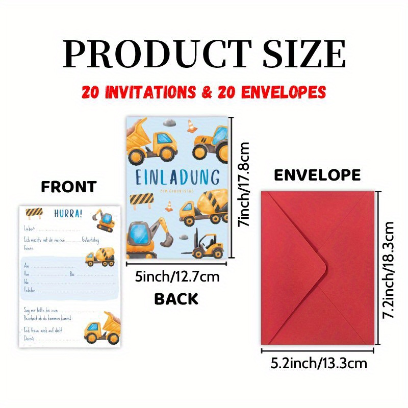 Image of Invitations Letter 20 Cards And 20 Envelopes, German Truck Car Excavator Party - Milestone Birthday Party Cards, Congrats Invites Friend Reunion Graduate Celebrations & Decorations