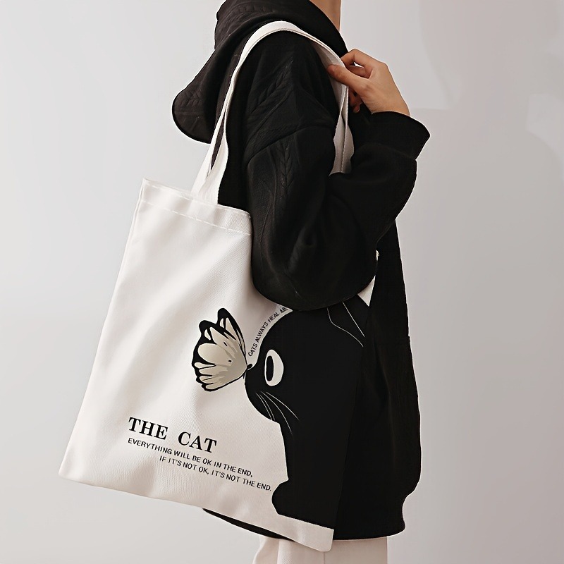 TEMU Women' Large Capacity Reusable Tote Bag With Black Cat & Print - Multicolor Suitable For Travel, Beach, Shopping, Casual Shoulder Bag, Handbag,