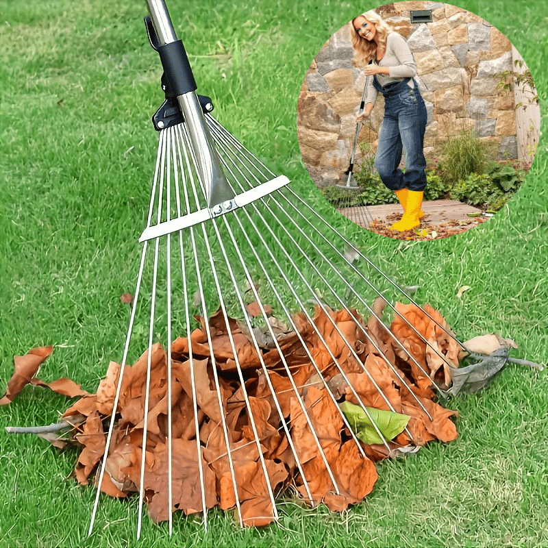 TEMU 15-pronged Large Adjustable Stainless Steel Garden Rake, Telescopic Grass Rake For Agriculture, Iron Rake For Gardening, Leaf Sweeper, Lawn Leaf
