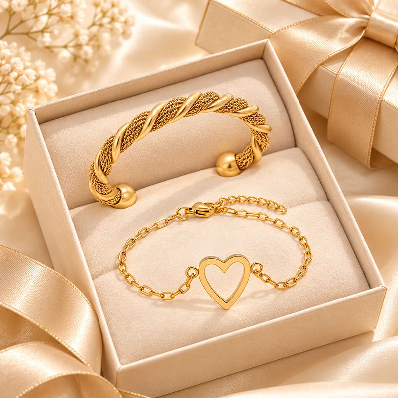 2pc Women's Stainless Steel Bracelet Set, Heart Chain & Twisted Bangle