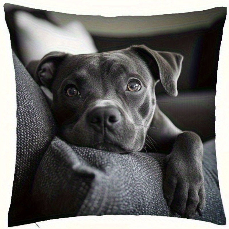 TEMU 1pc Staffordshire Bull Terrier Puppy Pillowcase - Black And Gray Pet Decor, Soft And Comfortable Polyester Short Plush Fabric, Single-sided