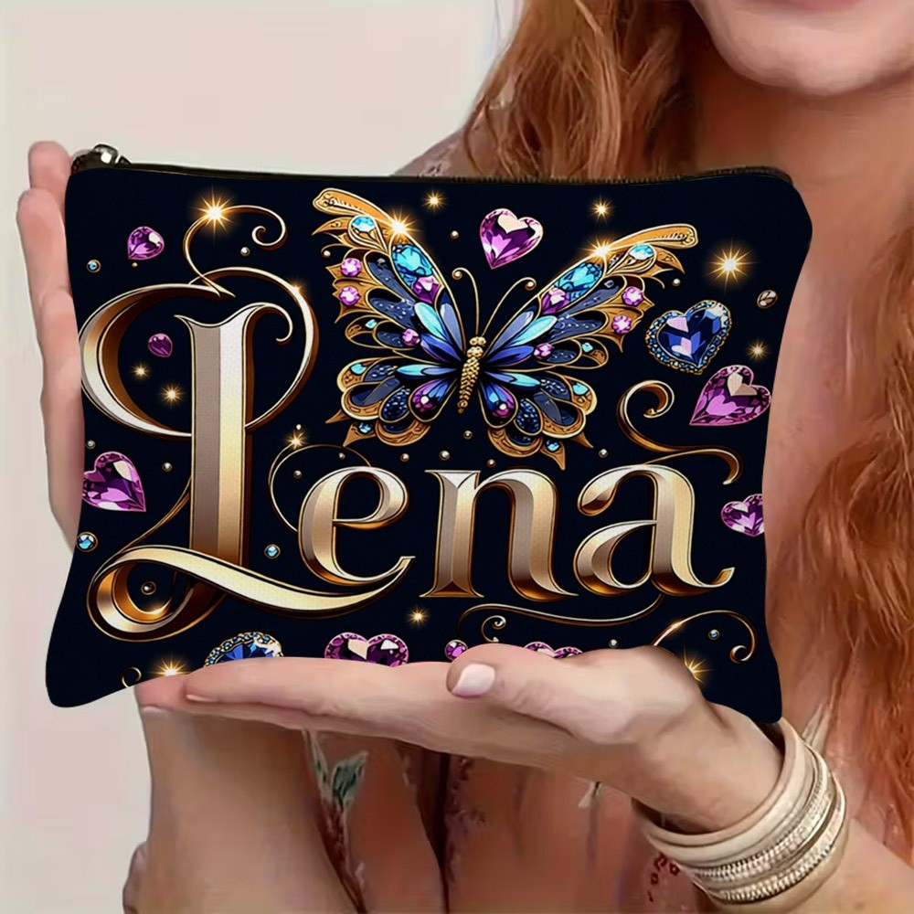 TEMU 1 шт. 2D плоска косметичка з принтом, з вишуканим золотим 3D написом "Lena", прикрасою у вигляді метелика з прикрасами (блакитно-фіолетові