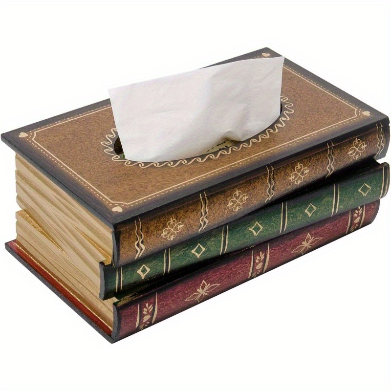   tissue box cover - antique rectangular tissue dispenser with golden-filled spine & ornate label design, durable decorative holder for bathroom, living room, office, kitchen - elegant   decor in brown/black/green/red/beige - compatible with standard tissues,   from durable material with golden-  spine & decorative endpapers, functional & stylish napkin holder for   settings Product details 0