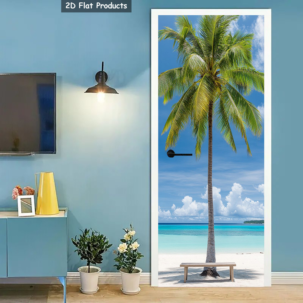 2D Flat, 1 Pair Palm   Door Stickers - Tropical Beach Scene Self-  Removable Murals for Bedroom, Living Room, Bathroom - White Sand &   Design, PVC Material,  , Bedroom Decor, Vibrant Wall Art,   Decal, 2D Flat