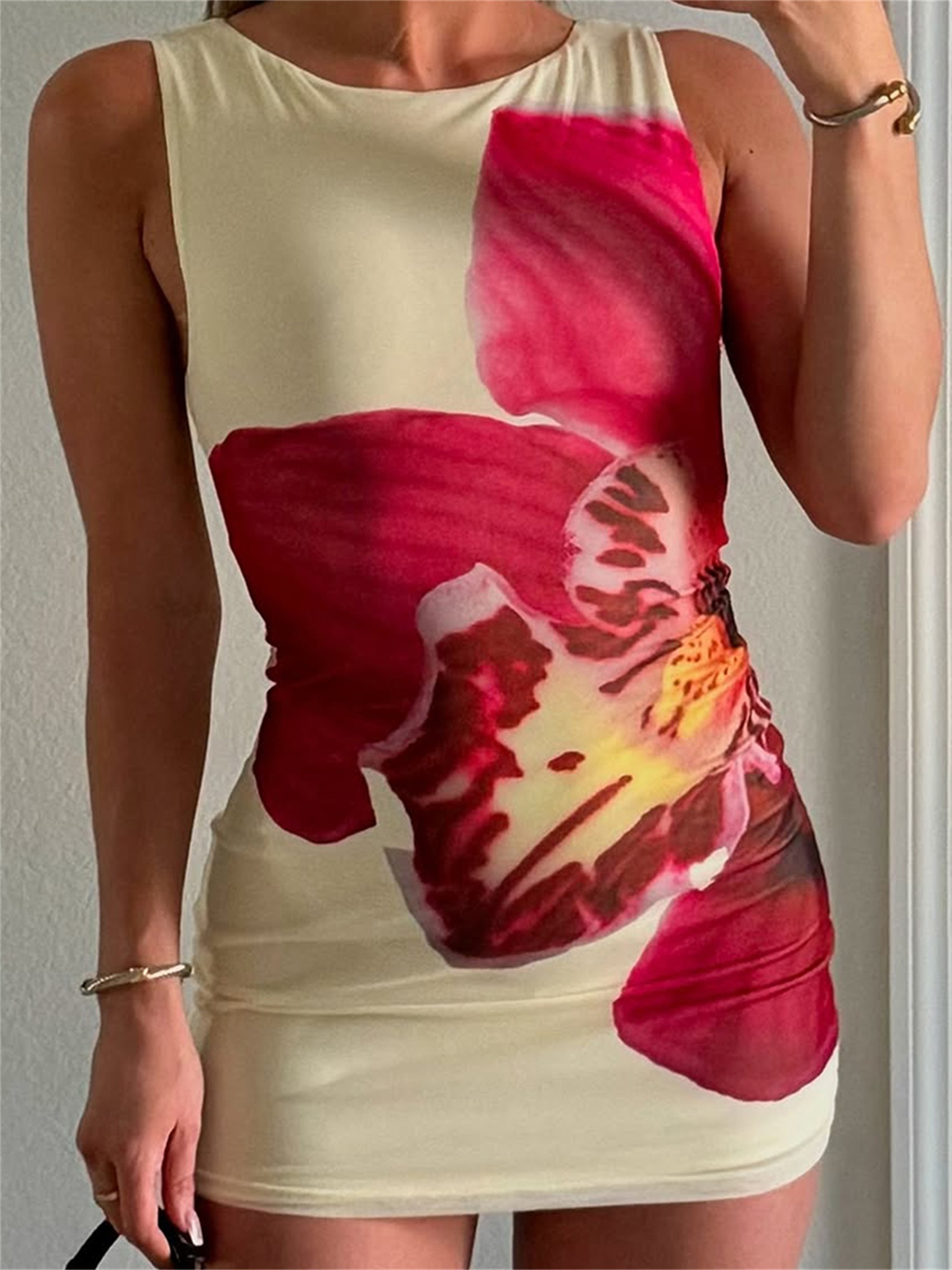 women's floral print bodycon tank dress - sleeveless crew neck fit mini  dress with stretchy fabric, machine washable summer casual to evening wear, tank  top dresses, fabric | Free Shipping On Items