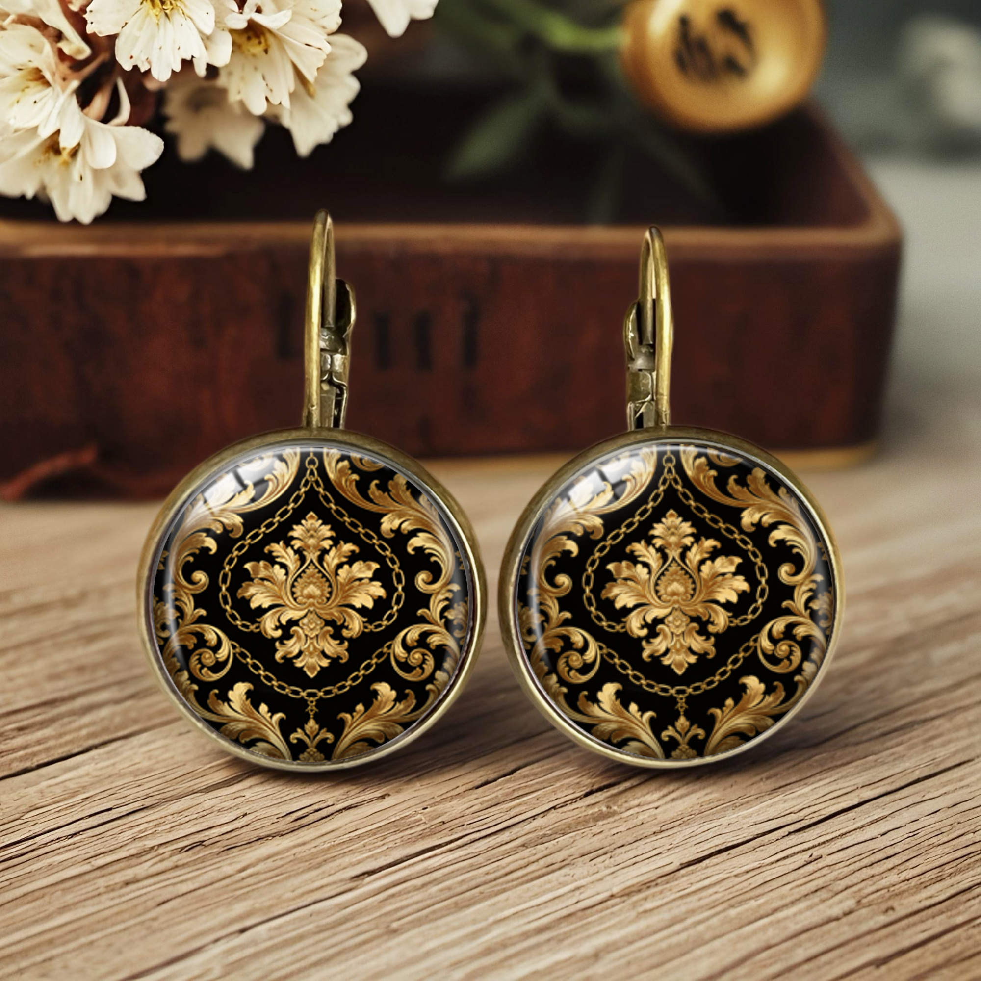 E-shop 1 Paar schwarze goldene -Satin-Glasohrringe - Luxuriöser und filigraner Blumen-Schmuck für - und Klassik-, ohne Batterie