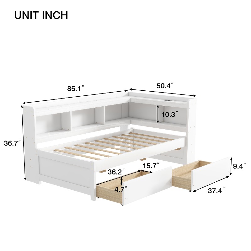 Twin Size L-Shaped Bookcase Bed with Bookshelf Headboard & Two Drawers - Space-Saving Storage Bed Frame, Modern Suitable for Small Rooms, Dorms, Apartments, No Assembly Required (No Wood)