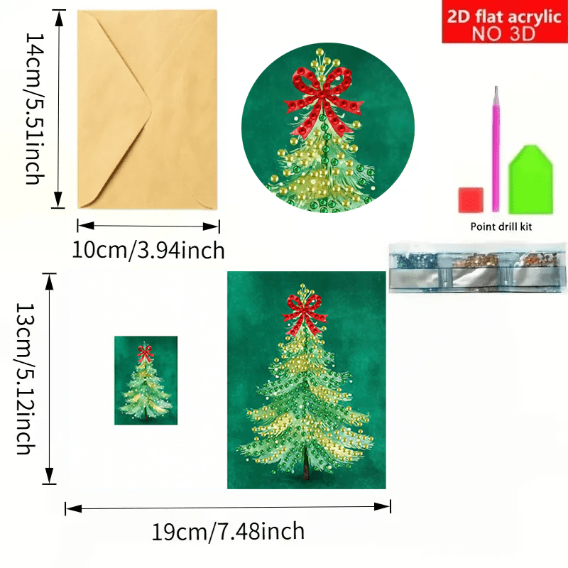 TEMU 6pcs Diamond Painting Greeting Card Set, 2d Flat Printing, Christmas Tree Cards With Envelope, Handmade , Thank You And Keepsake Postcards,