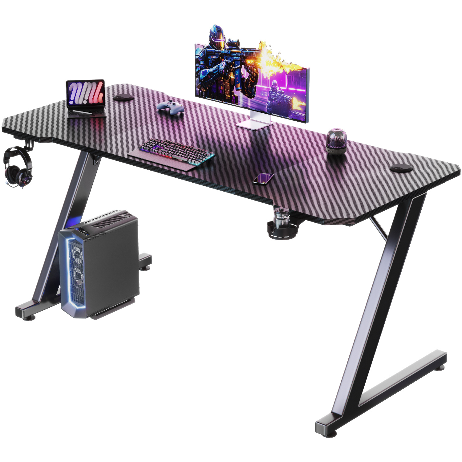 Image of Devoko Gaming Desk 120 X 60cm, Gaming Desk With Headphone Hook And Drink Holder, Carbon-coated Ergonomic Pc Desk, Sturdy Desk