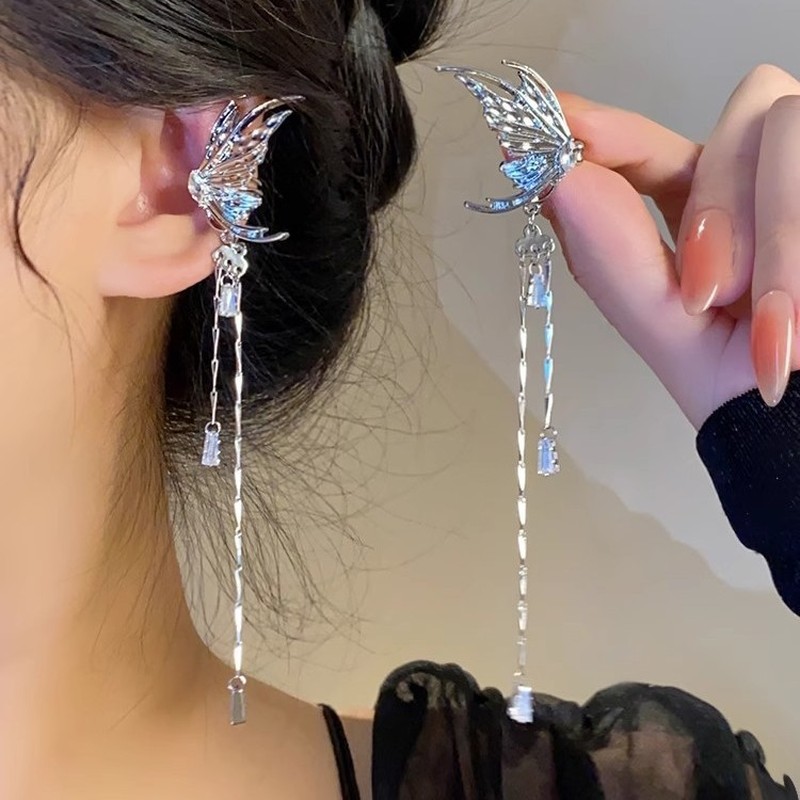 TEMU Manguito de oreja de de aleación chapada con borla larga, clip envolvente sin perforación, de oreja con ala de colgante para mujer, borla de ala