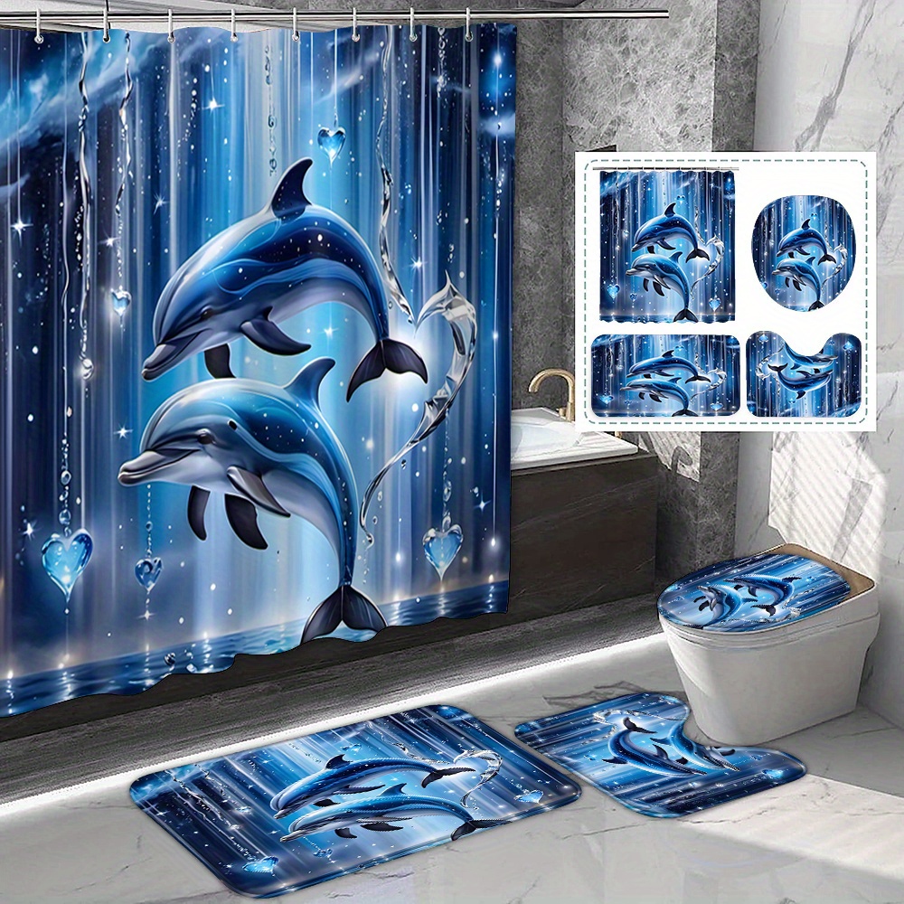 TEMU 1/3/4 pièces Ensemble de Rideau de Douche Imprimé Cœur Cristal avec Crochets en Plastique, Style Rêveur et Décor Salle de Bain Tapis WC Lavable