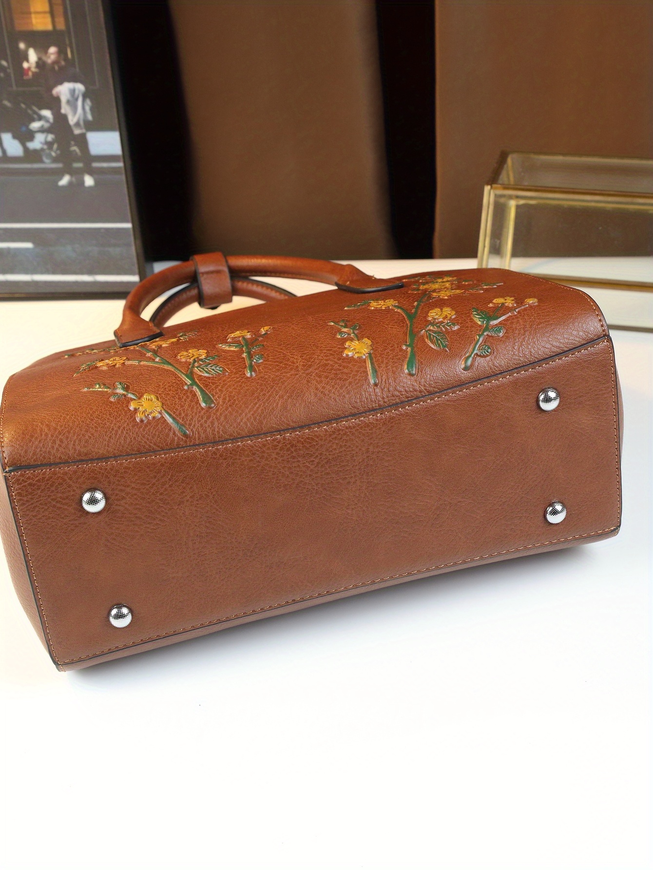 Light Brown Floral Print Handbag close up of print