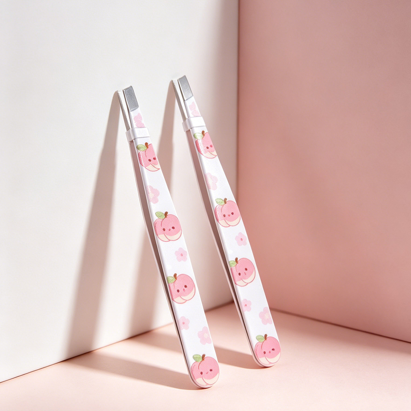 TEMU Peach Print Stainless Steel Slant Tip Tweezers 2pcs Set, Precision Non-slip Eyebrow Tweezers, Flat Tip Hair Plucking, Cute Portable Beauty