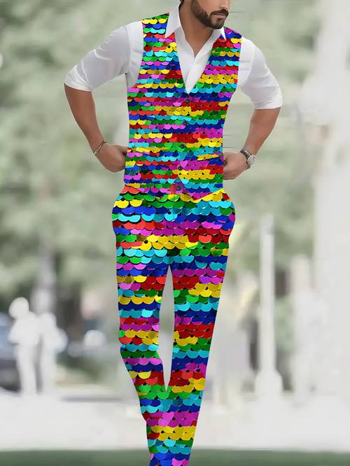 print design not textured mens fashion 2pcs vest and trousers set multicolor sequined pattern casual print suit vest and pants combination classic evening wedding party mens attire vest dress suit