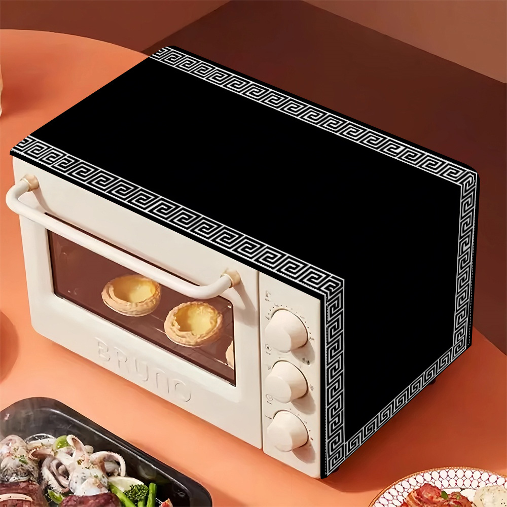 TEMU 1pc Greek Key Border Microwave Cover & Stove Top - Black Suitable For Microwaves, Ovens, Stovetops, Easy-clean Plastic Dust Cover With Greek ,