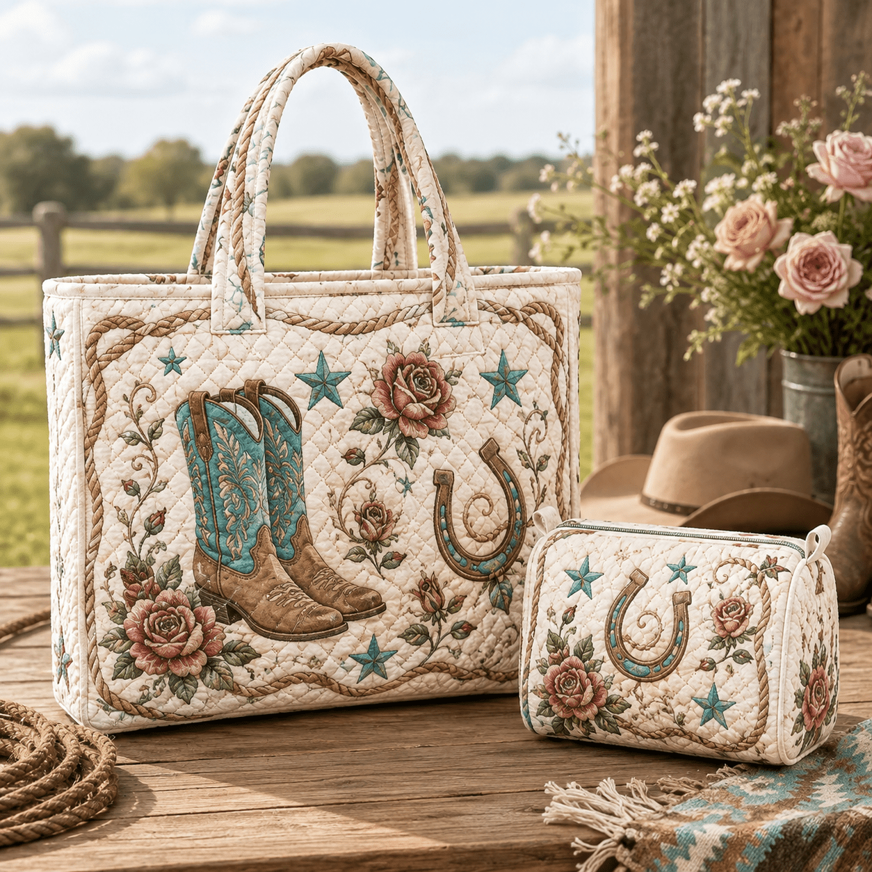 TEMU 2pcs Women's Quilted Tote Bag And Cosmetic Bag Set, Cowboy Boots Horseshoe And Floral Print, Western Country Style, Large Handbag With Makeup