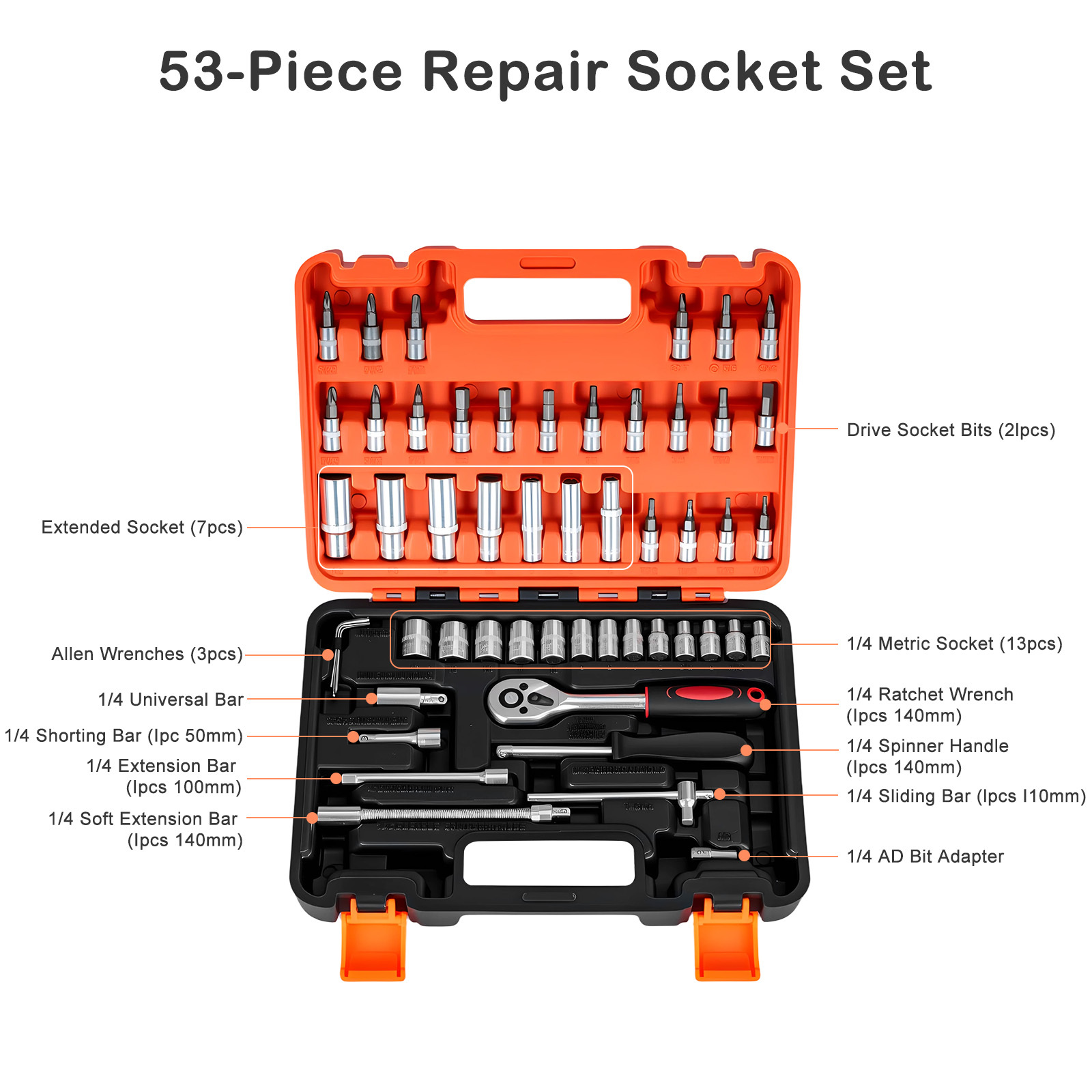 TEMU 53pcs 1/4 Inch Drive Socket Ratchet Wrench Set With 72 Tooth Reversible Ratchet, With Bit Socket Set And Extension Bar For Auto Repairing And
