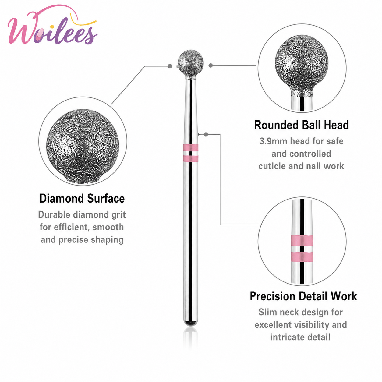 Diamond Ball Nail Drill Bit Cuticle Cleaner, Stainless Steel Tool