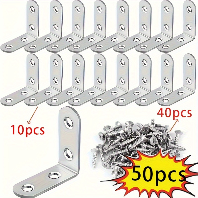 TEMU 50pcs Stainless Steel L-shaped Bracket Corner Set(10 Brackets+40 Screws), 3.99x3.99cm 90 Degree Right Angle, With Screws, Suitable For Wooden