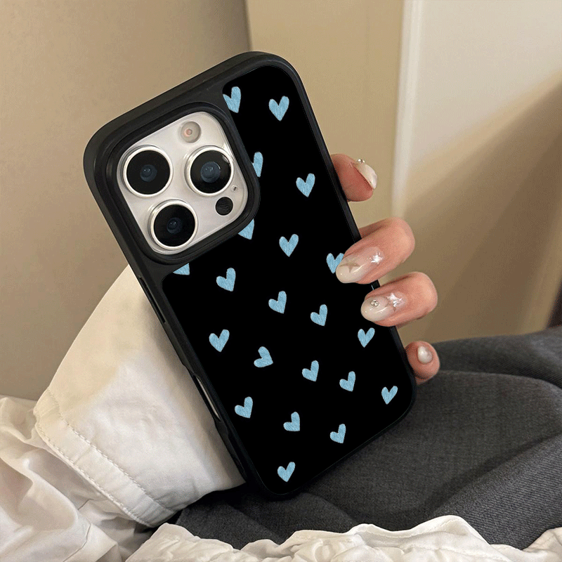 TEMU Phone Case - A Dark Background With Light Blue Heart Patterns Is Suitable For Iphone 17 Pro , As Well As Iphone 16 Pro/15/14/13 Pro/12/11. It