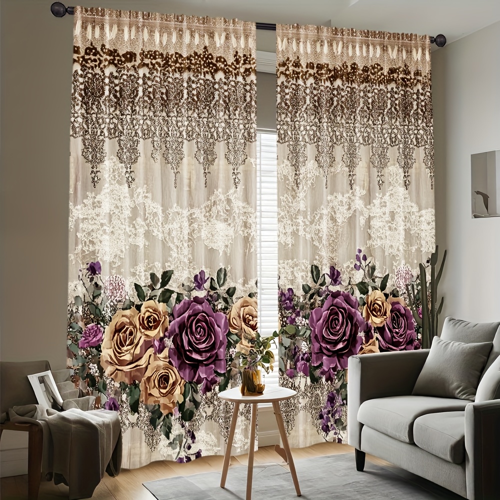TEMU 2d Flat, 2d Printing 2pcs, Elegant Floral & Lace Pattern Curtains - Light-filtering Polyester Drapes With Purple Roses & Green For Living Room,