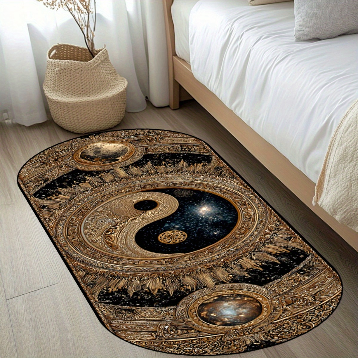 TEMU 1pc Yin Yang Shui Printed Pattern Oval Bedroom Bedside Rug, Mat For Makeup Station Or Nightstand, Everyday For Family Use Halloween Decor,