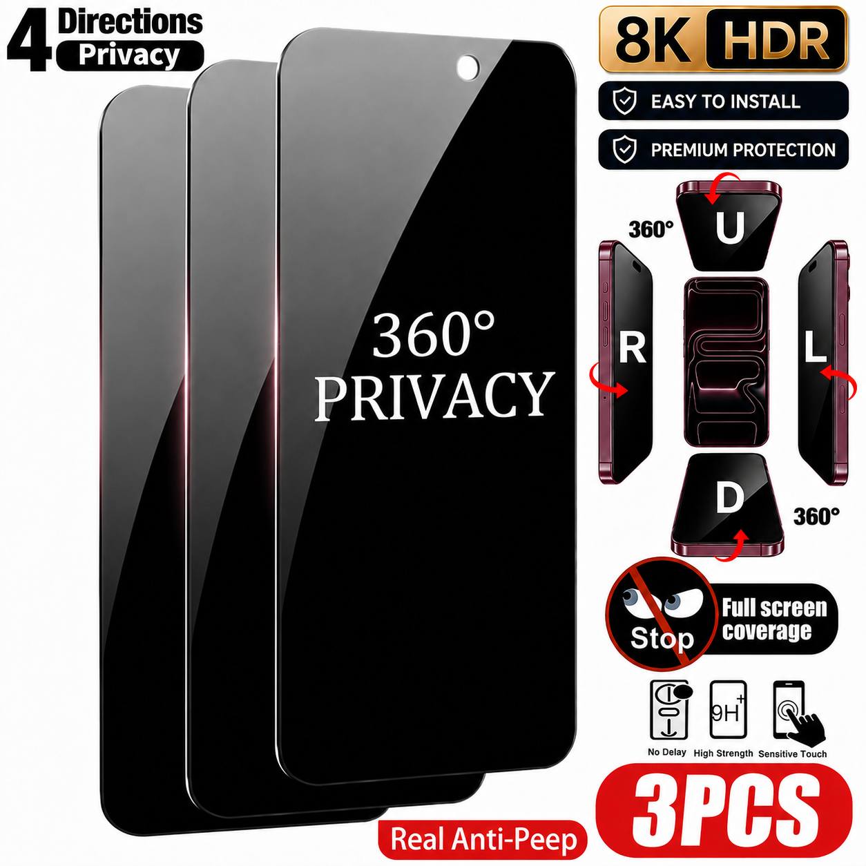 TEMU 3pcs Anti-spy Privacy Tempered Glass For Iphone 17 Pro Max/17/16 Pro Max/16 Plus/16/15 Pro Max/14/13/12/11/x/xs/xr/xs Max, Full Coverage Screen