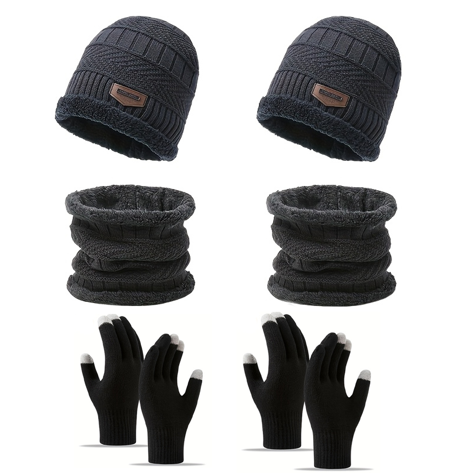 6pcs Winter-Lined Thick Hat, Neck Warmer, and Touchscreen Gloves Set