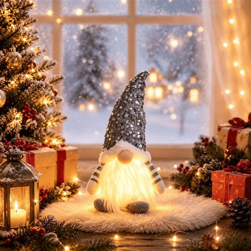 TEMU Poupée Lumineuse de Noël - Rose/Rouge/, Ornement de Présentation de Noël, Poupée de Noël à Paillettes Lumineuses, Poupée de Noël Visage de