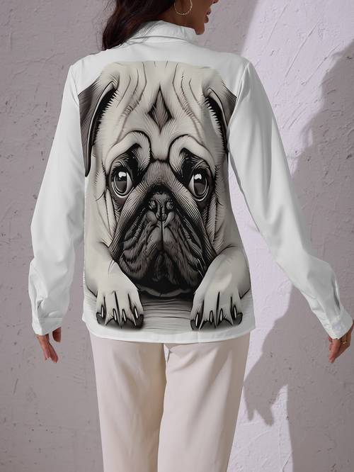 2026 new womens long sleeve shirt cute pug print casual animal pattern blouse versatile long sleeve shirt for daily comfortable everyday washable