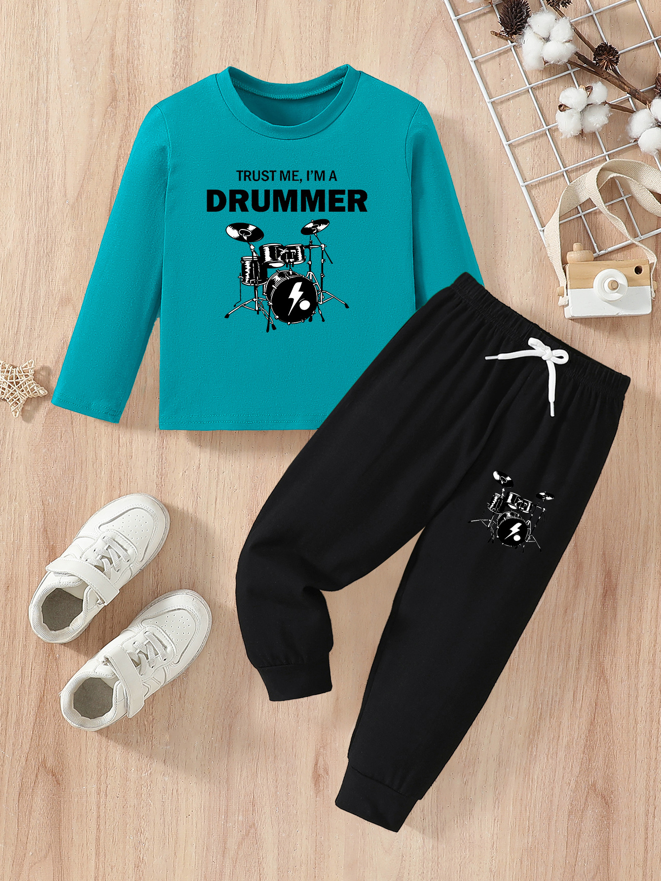 2025 New Trendy Drummer Print Boys' Casual Long Sleeve T-Shirt & Pants Set - Soft, Comfortable, and Stylish for Fall/Winter Outdoor Activities, Perfect for Outdoor, Baby Boy Outfit, Perfect for Outdoor