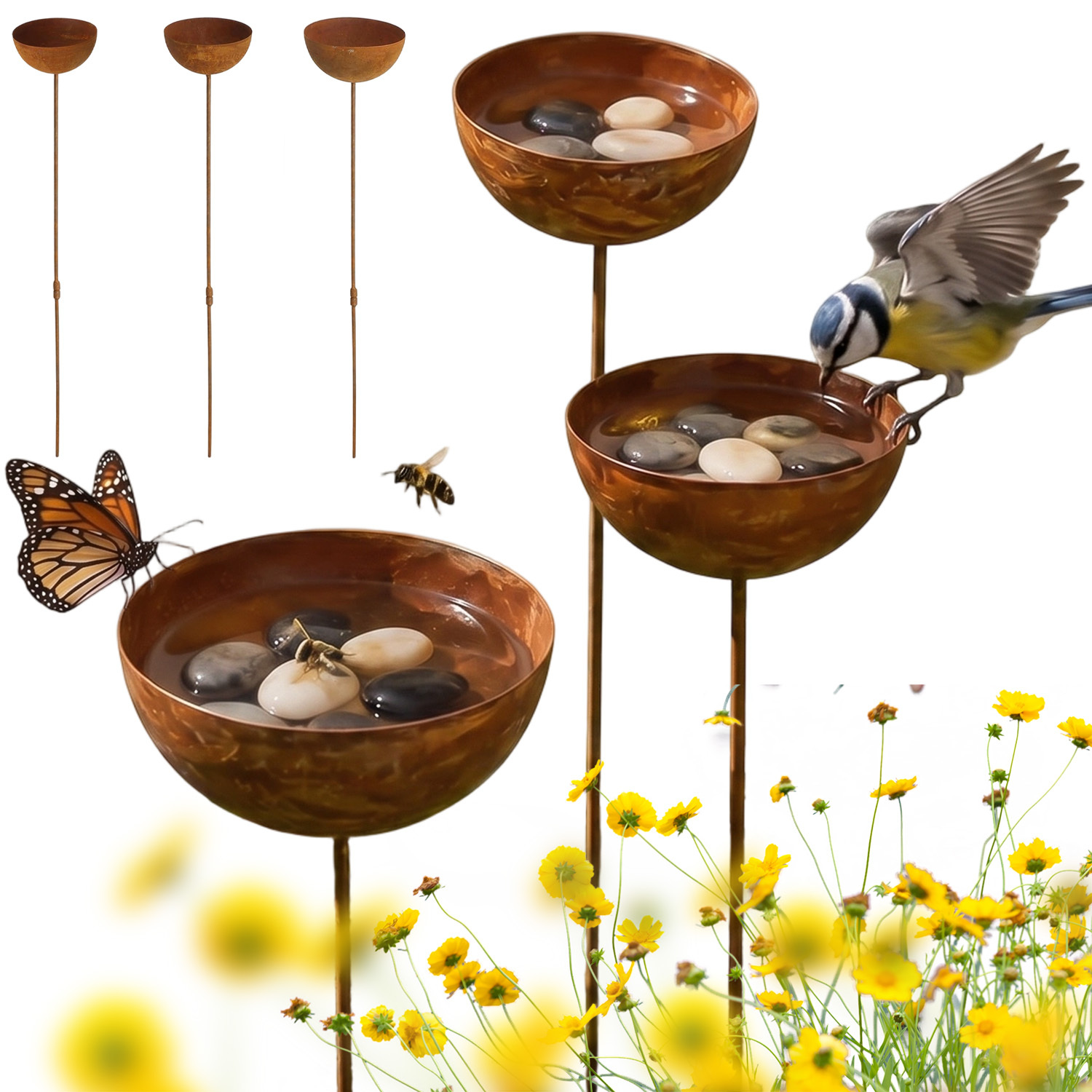 Image of [3d] 3pcs Decor Garden Stake Bird Water Feeder With Rust Finish For Lawn Patio And Flower Bed Outdoor Decoration