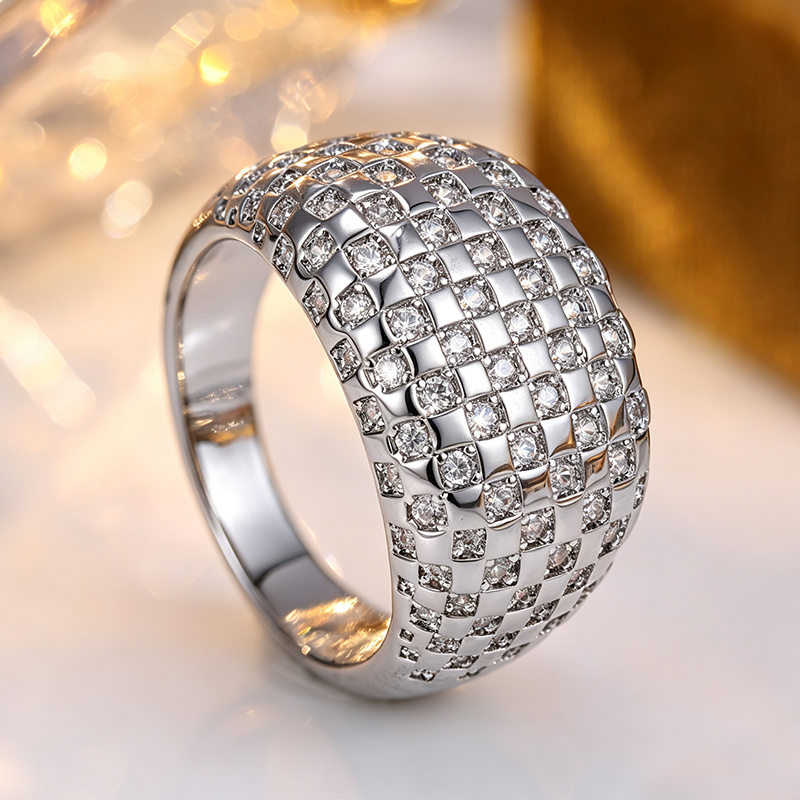 Women's Wide Fashion Ring with Grid Design and Synthetic Zirconia
