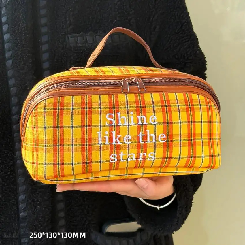 3 Compartment Vintage Makeup Bag With Checkered Colour Blocking Theme, Retro Style, Partitioned Storage, Portable, Hand Held, Made Woven Fabric, Large Capacity, Diy Portable Essentials Storage Bag