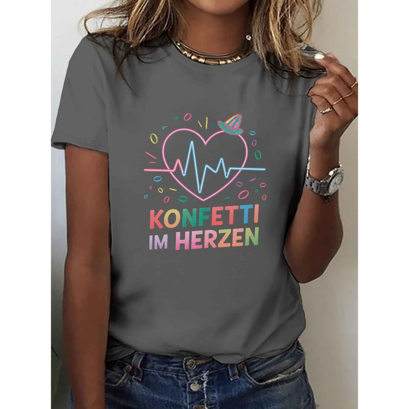 

Women's Heart Confetti Print T-shirt - Black Short Sleeve Crew Neck Casual Top With "konfetti I Herzen" Graphic, Ideal For Summer & Spring