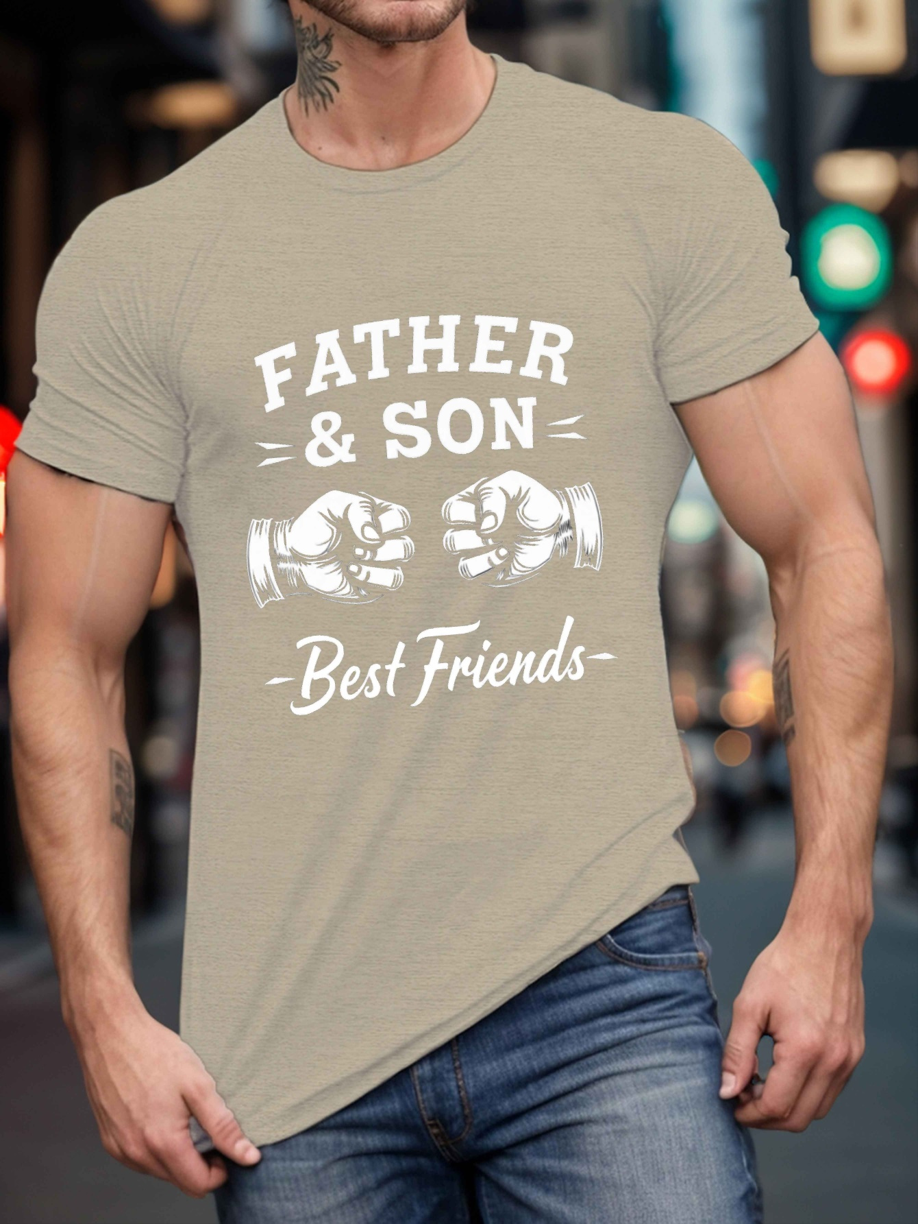 Father Son *&*; Graphic Tee *'s Olive Green Casual Short Sleeve  T-Shirt, Polyester, Machine Washable, Matching Tees
