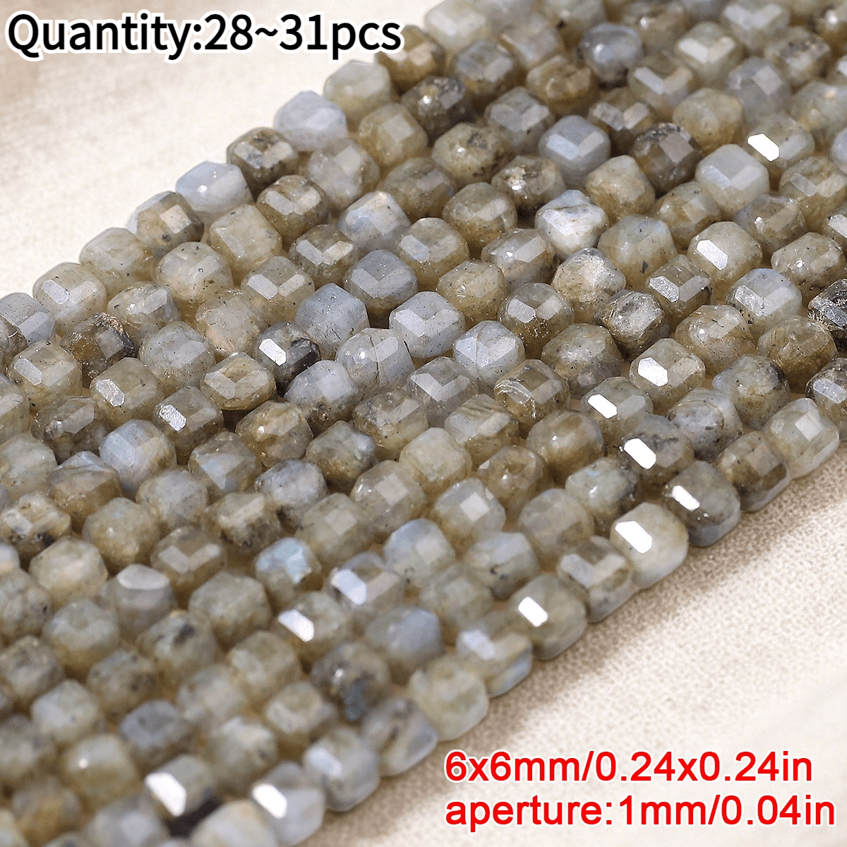 TEMU AAAAA 6mm 28-31pcs Perles Cubiques Carrées Facettées en Labradorite à Trou Central, Color-Bloque Naturelle Grisâtre-Blanche pour , Assortiments