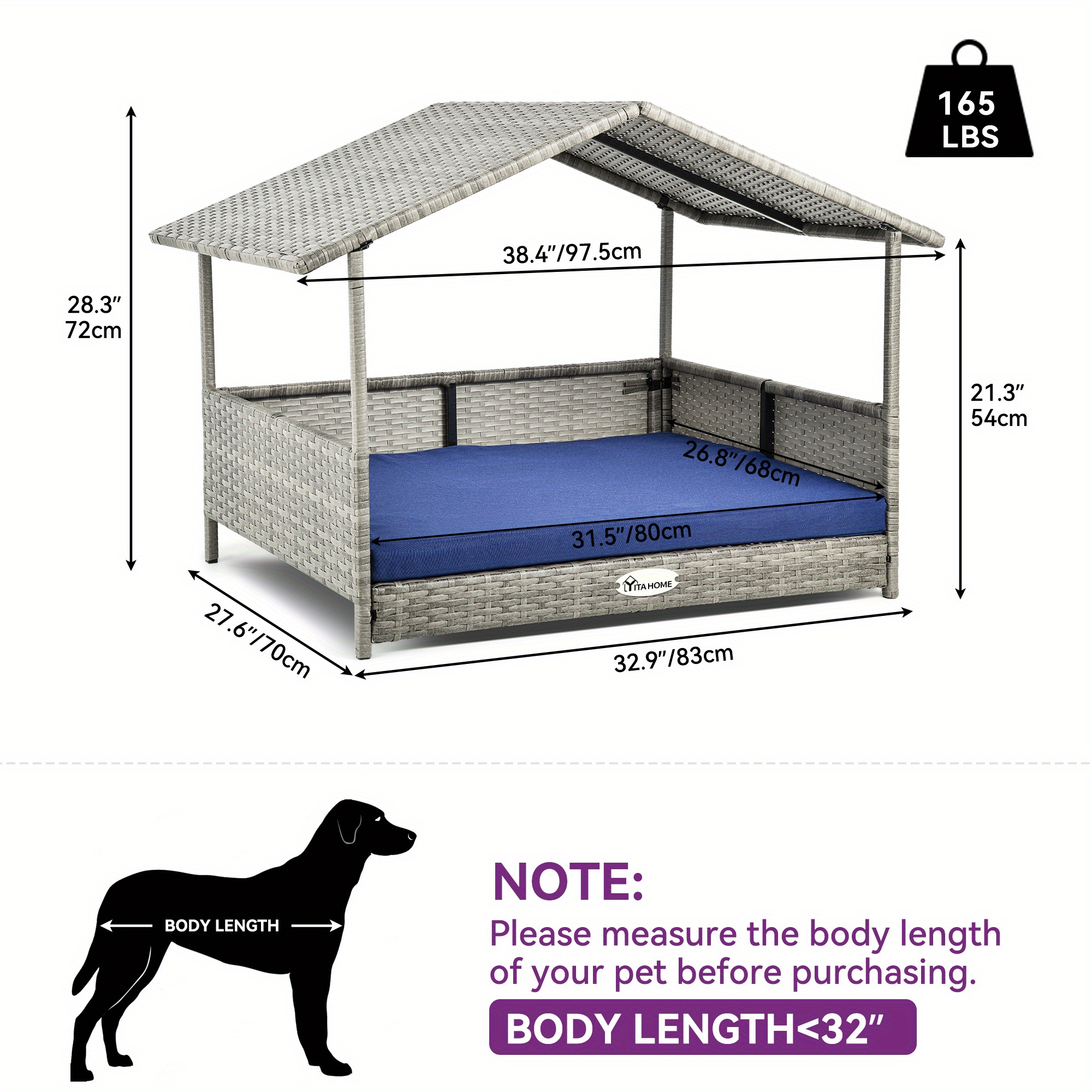 Large Wicker Dog House with Cushion Outdoor Indoor Rattan