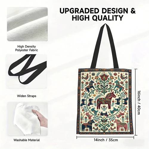 folk style decorative pattern fashion tote bag large capacity printed canvas handbag fashionable and versatile suitable for daily commuting shopping class etc wide opening design with interior
