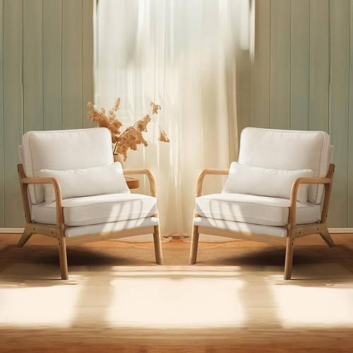 century accent chairs 1 2pcs coarse linen beige upholstered modern lounge fabric chairs reading chairs side sitting chair solid wood farmhouse armchairs for living room bedroom