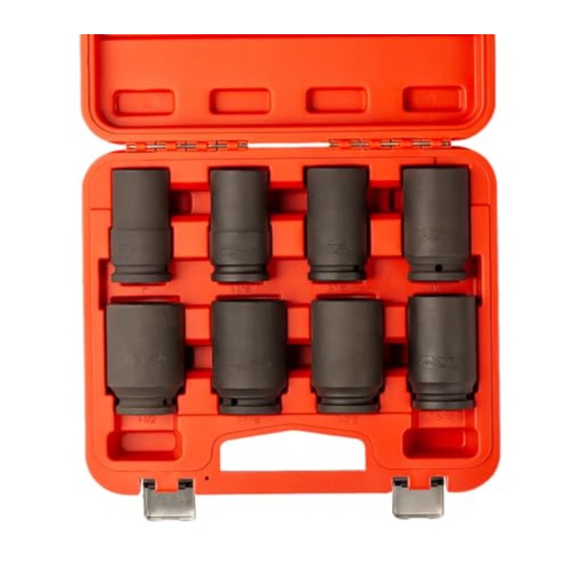 8pcs 3/  Deep Impact Socket Set, Premium Cr-Mo, 6-Point Hex Design, Black Phosphate   Resistant, SAE 1 , 1-1/16 , 1-1/8 , 1-1/4 , 1-5/16 , 1-3/8 , 1-7/16 , 1-1/2